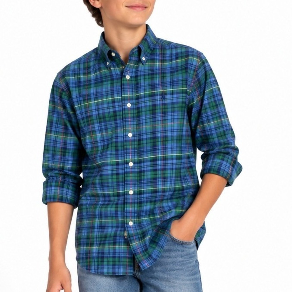 Ralph Lauren Boys Large 14-16 Plaid Button Down Shirt Blue Green Long Sleeve